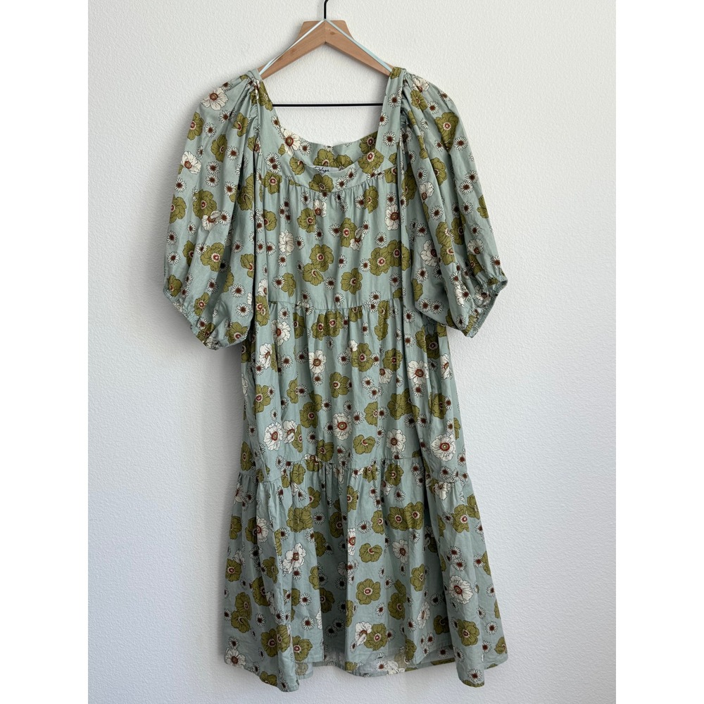 Polagram Floral Tiered Babydoll Dress 3XL Sage Green Boho Puff Sleeve Mini Dress